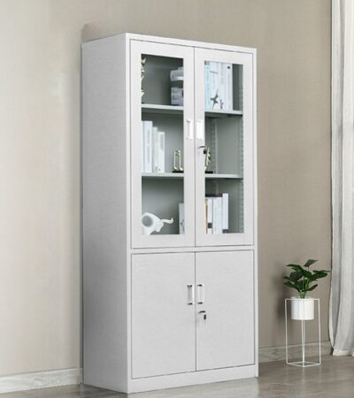 Half Glass 2 Door Office Cabinet  The Half Glass 2 Door Office Cabinet is a stylish and practical storage solution designed to keep office files, documents, books, stationery, and essential supplies organized and easily accessible. Featuring two doors with a combination of glass and solid metallic panels, this cabinet offers both secure storage and convenient visibility of frequently used items. Its durable steel construction makes it suitable for everyday office use, while the glass-fronted upper section adds a modern professional touch. It is ideal for corporate offices, schools, hospitals, government institutions, reception areas, and commercial workspaces. Key Features Two-door office storage cabinet Half-glass, half-metallic door design Durable steel construction Clear glass panels for easy visibility Lockable doors for added security Adjustable internal shelves Spacious storage compartments Strong reinforced door frame Durable powder-coated finish Scratch-, rust-, and corrosion-resistant surface Easy-to-clean glass and metallic surfaces Modern professional appearance Specifications Product Type: Half Glass 2 Door Office Cabinet Doors: 2 Half-Glass Metallic Doors Material: Heavy-Duty Steel Glass: Clear Tempered or Toughened Glass Shelves: Adjustable Steel Shelves Locking System: Central Key Lock Finish: Durable Powder-Coated Finish Colour: Grey, Black, Beige, White, or Custom Storage: Files, Documents, Books, Stationery, Office Supplies Design: Half Glass / Half Solid Door Application: Office, School, Hospital, Reception, Government Institution, Commercial Workspace Assembly: Fully assembled Benefits Easy item identification: Glass panels allow users to see stored items without opening the cabinet. Secure storage: Lockable doors help protect confidential files and office supplies. Organized workspace: Adjustable shelves provide flexible storage for different items. Durable construction: Heavy-duty steel is designed for reliable everyday use. Professional appearance: The combination of glass and metallic panels adds a modern touch to office interiors. Easy maintenance: Smooth glass and powder-coated steel surfaces are simple to clean.