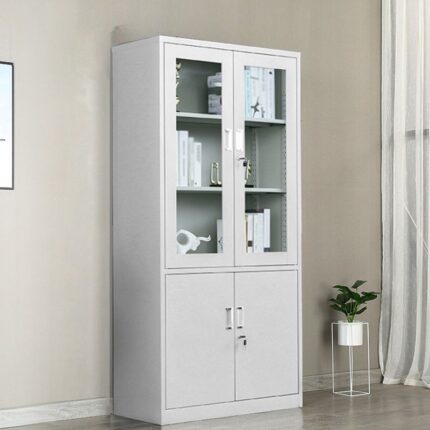 Half Glass 2 Door Office Cabinet  The Half Glass 2 Door Office Cabinet is a stylish and practical storage solution designed to keep office files, documents, books, stationery, and essential supplies organized and easily accessible. Featuring two doors with a combination of glass and solid metallic panels, this cabinet offers both secure storage and convenient visibility of frequently used items. Its durable steel construction makes it suitable for everyday office use, while the glass-fronted upper section adds a modern professional touch. It is ideal for corporate offices, schools, hospitals, government institutions, reception areas, and commercial workspaces. Key Features Two-door office storage cabinet Half-glass, half-metallic door design Durable steel construction Clear glass panels for easy visibility Lockable doors for added security Adjustable internal shelves Spacious storage compartments Strong reinforced door frame Durable powder-coated finish Scratch-, rust-, and corrosion-resistant surface Easy-to-clean glass and metallic surfaces Modern professional appearance Specifications Product Type: Half Glass 2 Door Office Cabinet Doors: 2 Half-Glass Metallic Doors Material: Heavy-Duty Steel Glass: Clear Tempered or Toughened Glass Shelves: Adjustable Steel Shelves Locking System: Central Key Lock Finish: Durable Powder-Coated Finish Colour: Grey, Black, Beige, White, or Custom Storage: Files, Documents, Books, Stationery, Office Supplies Design: Half Glass / Half Solid Door Application: Office, School, Hospital, Reception, Government Institution, Commercial Workspace Assembly: Fully assembled Benefits Easy item identification: Glass panels allow users to see stored items without opening the cabinet. Secure storage: Lockable doors help protect confidential files and office supplies. Organized workspace: Adjustable shelves provide flexible storage for different items. Durable construction: Heavy-duty steel is designed for reliable everyday use. Professional appearance: The combination of glass and metallic panels adds a modern touch to office interiors. Easy maintenance: Smooth glass and powder-coated steel surfaces are simple to clean.